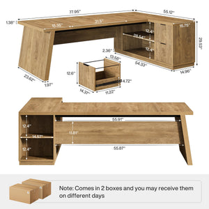 78" L Shaped Desk with Drawers, File Cabinet & Shelves