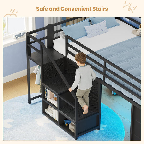 Kids Low Loft Bed Twin with Stairs, LED Lights & Storage
