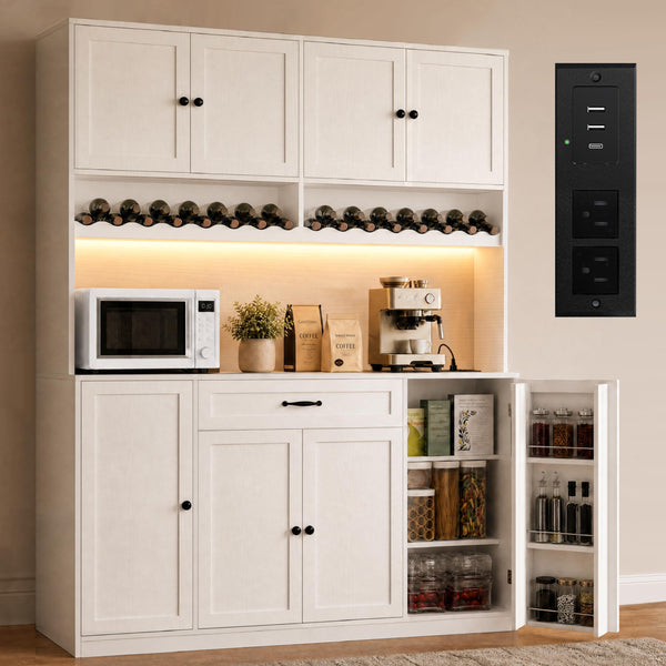 Tall Pantry Storage Cabinet with LED Light & Charging Station