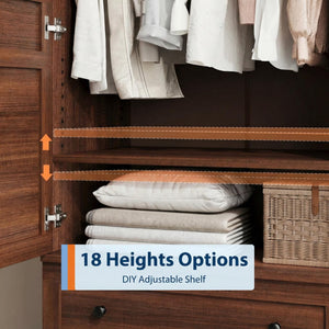72" Armoire Wardrobe with Drawers & Adjustable Shelves – Walnut
