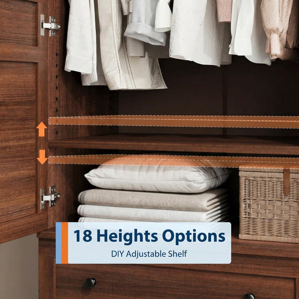 72" Armoire Wardrobe with Drawers & Adjustable Shelves – Walnut