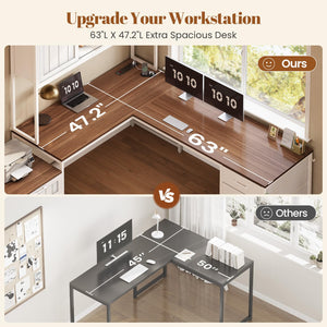 L-Shaped Office Desk with Hutch, 6 Drawers & Power Outlet – Farmhouse Corner Desk