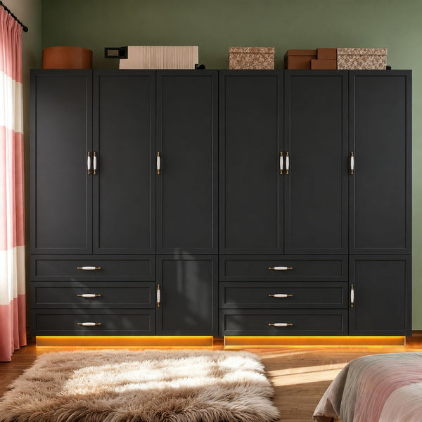 72" 3-Door Wardrobe with LED Light & Drawers