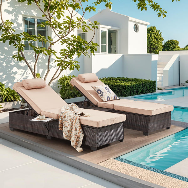 Outdoor PE Rattan Chaise Lounge Chair Set of 2 with Adjustable Backrest & Side Table