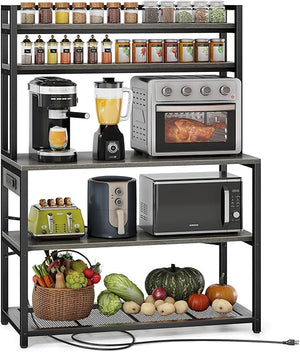 5-Tier Baker's Rack with Power Outlets and Microwave Stand, 38 Inch Kitchen Shelf with Storage