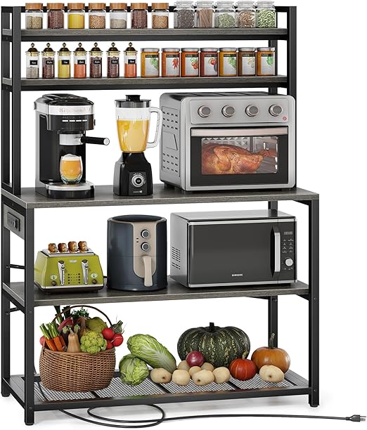 5-Tier Baker's Rack with Power Outlets and Microwave Stand, 38 Inch Kitchen Shelf with Storage