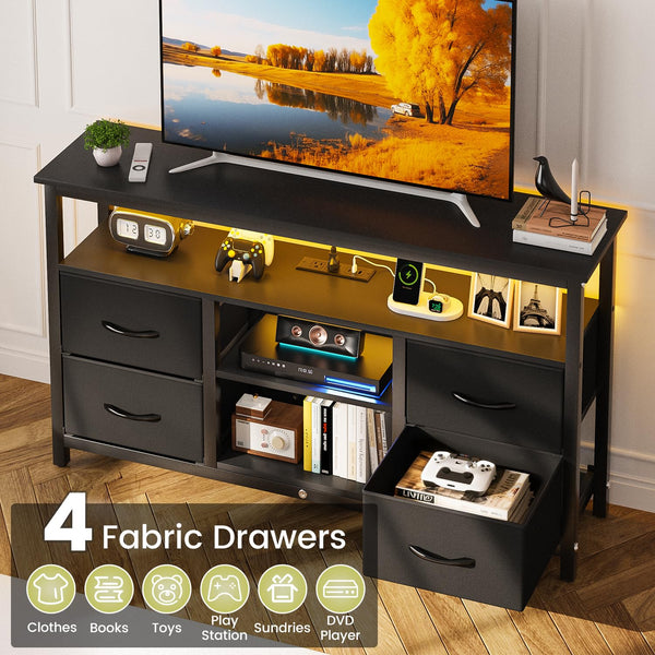 Black TV Stand with LED Lights and Power Outlets for 55 Inch TVs