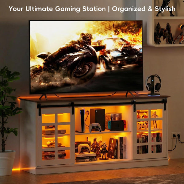 Farmhouse TV Stand with Sliding Glass Doors & LED Lights, 65"