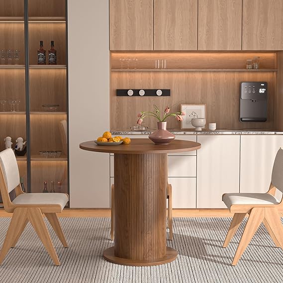 59 inch Round Dining Table for 6, Modern Farmhouse Kitchen Table, Circle Dining Tables with Wood Strip Base for Kitchen Living Room (Big Adjustable Walnut)