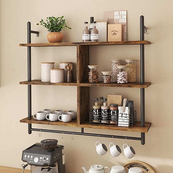3-Tier Wall Mounted Floating Pipe Shelf with Hooks