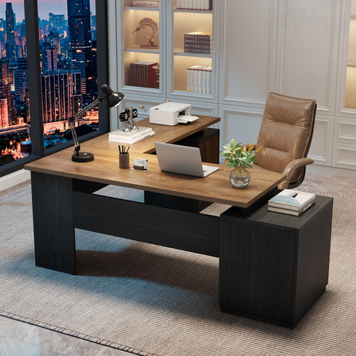 71-Inch L-Shaped Executive Desk with Drawers & Privacy Panel