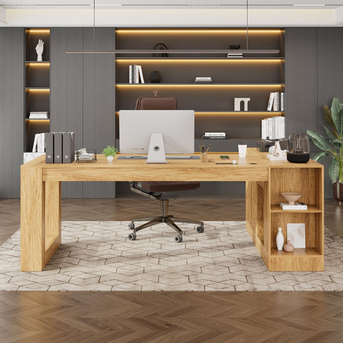 L-Shaped Executive Desk with Drawers, File Cabinet & Power Outlet – Walnut