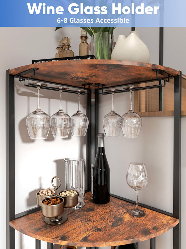 Corner Wine Rack with LED Strip Light & Glass Holder — 30 Bottle, 3-Tier, Brown