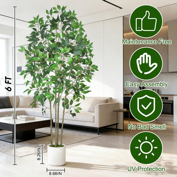 6 ft Artificial Ficus Tree with White Planter