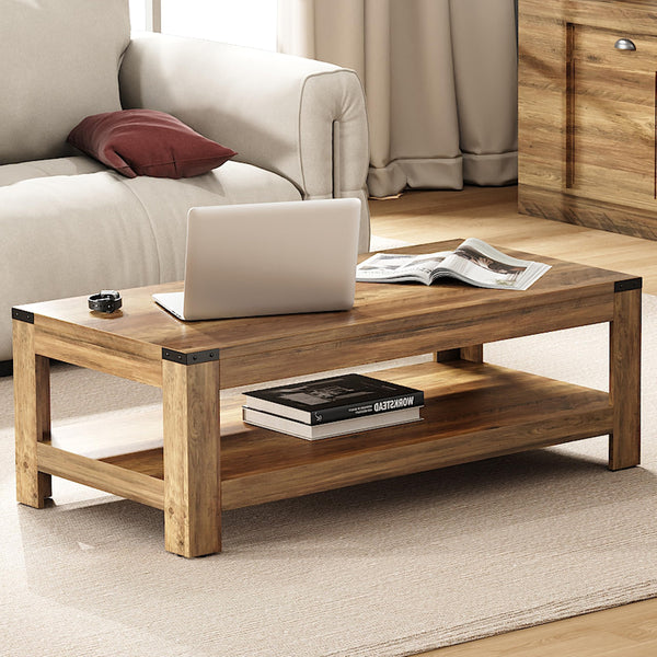 Farmhouse Coffee Table with Storage – 2-Tier Industrial Wood Center Table