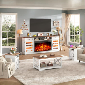 Farmhouse Living Room Table Set of 4 with Electric Fireplace TV Stand