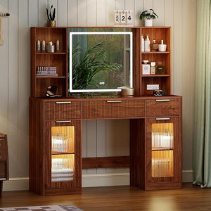 47" Fluted Makeup Vanity Desk with Mirror, Lights & Storage