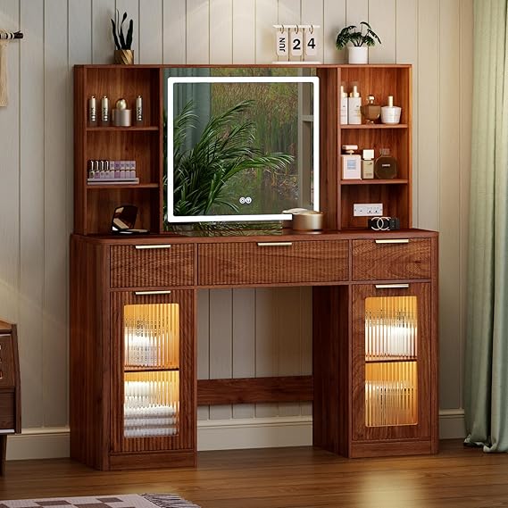 47" Fluted Makeup Vanity Desk with Mirror, Lights & Storage