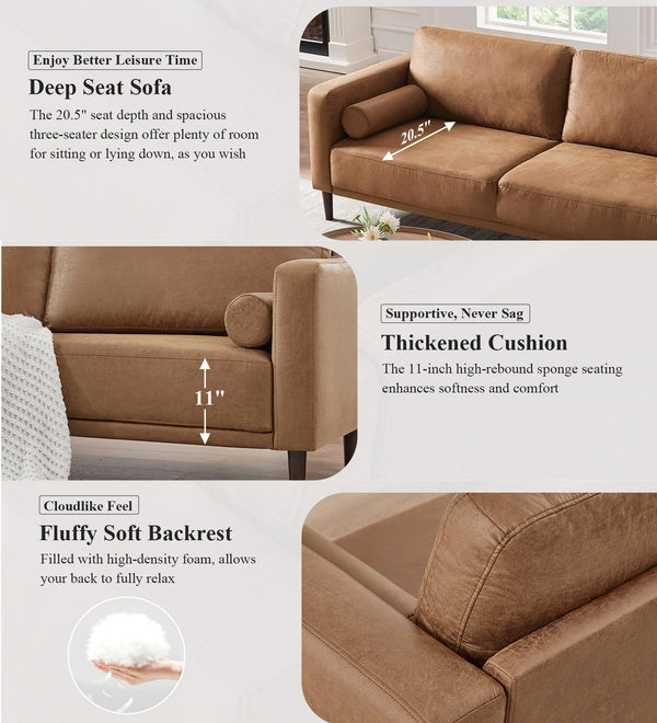 79" Mid-Century Modern Faux Leather 3-Seater Sofa