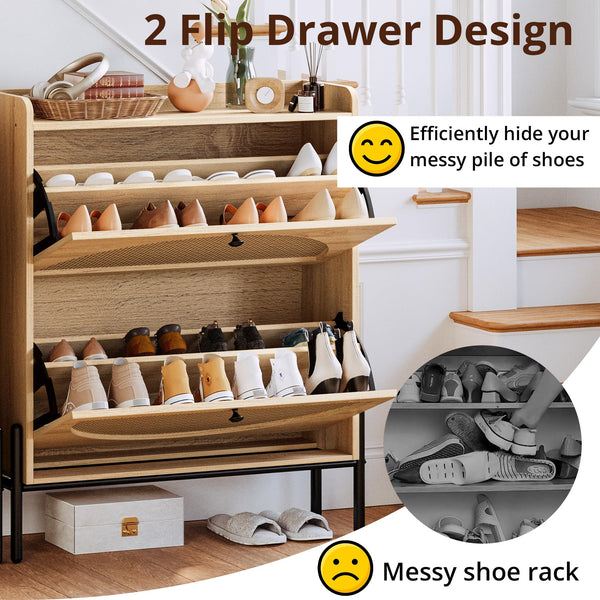 Rattan Shoe Cabinet with Flip Drawers