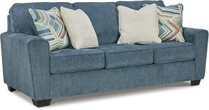 Blue Crosshatch Casual Sofa with Accent Pillows