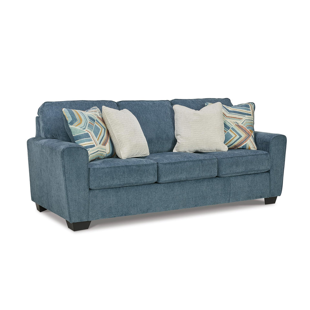Blue Crosshatch Casual Sofa with Accent Pillows