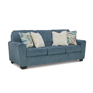Blue Crosshatch Casual Sofa with Accent Pillows