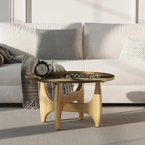 Round Coffee Table with Gold Tray Top & Walnut Base