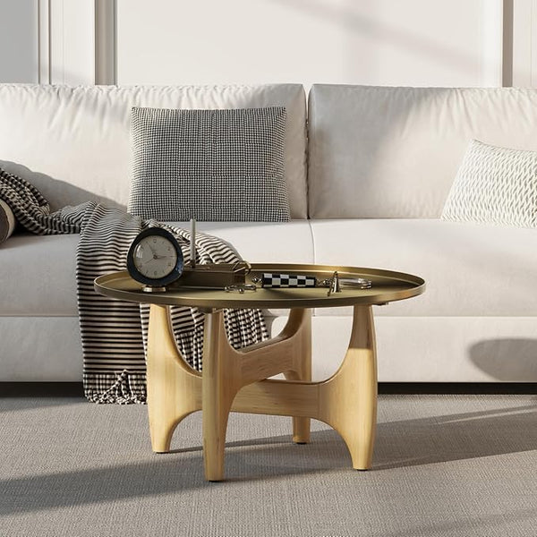 Round Coffee Table with Gold Tray Top & Walnut Base