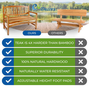 Solid Teak Wood Outdoor Bench with Armrests & Backrest