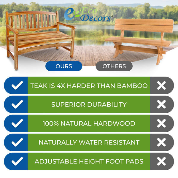 Solid Teak Wood Outdoor Bench with Armrests & Backrest