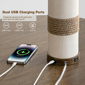 Boho Rattan Table Lamps Set of 2 with Touch Dimmer & USB Ports