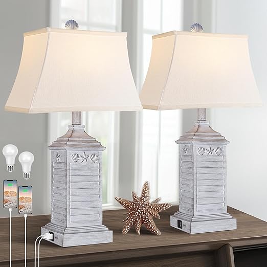 Coastal Table Lamps Set of 2 with USB Charging & 3-Color Temperature