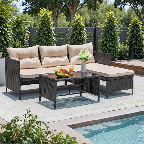 3-Piece Outdoor Wicker Rattan Sectional Sofa Set with Coffee Table