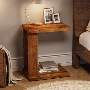 Solid Wood C-Shaped End Table with 2-Tier Storage
