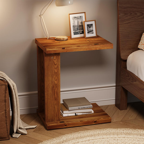Solid Wood C-Shaped End Table with 2-Tier Storage