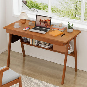 47" Mid-Century Modern Writing Desk with 2 Drawers & Storage Shelf