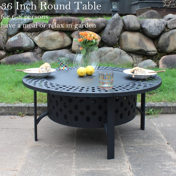 36" Round Wood Burning Fire Pit with Grill, Lid & Cover – 3-in-1 Outdoor Firepit Table