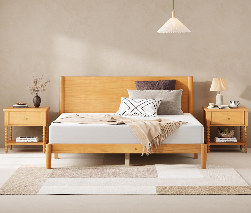 AMERLIFE 3 Piece Bedroom Set Includes Solid Wood Queen Platform Bed Frame with Headboard and 2 Nightstands with Spindle-Turned Legs, Mid Century Modern Bedroom Furniture, Natural