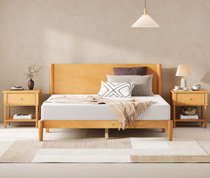 AMERLIFE 3 Piece Bedroom Set Includes Solid Wood Queen Platform Bed Frame with Headboard and 2 Nightstands with Spindle-Turned Legs, Mid Century Modern Bedroom Furniture, Natural