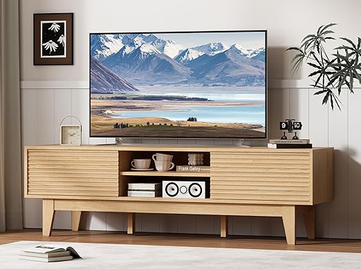 Rattan TV Stand with Sliding Doors & Open Shelves