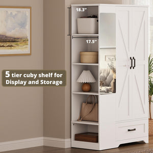 70" Wardrobe Closet with Mirror, Drawer & Side Shelves