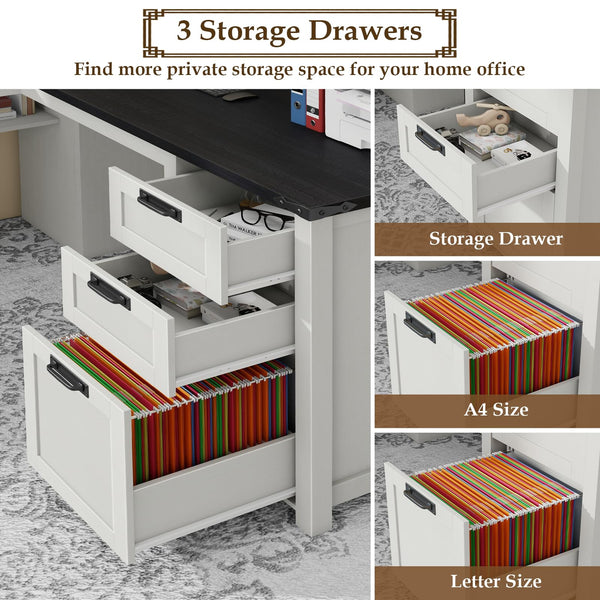 L-Shaped Executive Desk with Drawers, Power Outlets & Storage Shelf