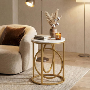Round End Table Set of 2 with Gold O-Shaped Base