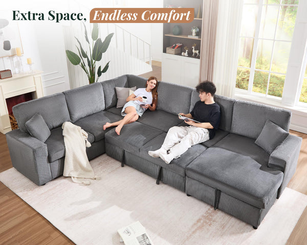 U-Shaped Sectional Sofa Bed with Storage, 6-Seater, 130"