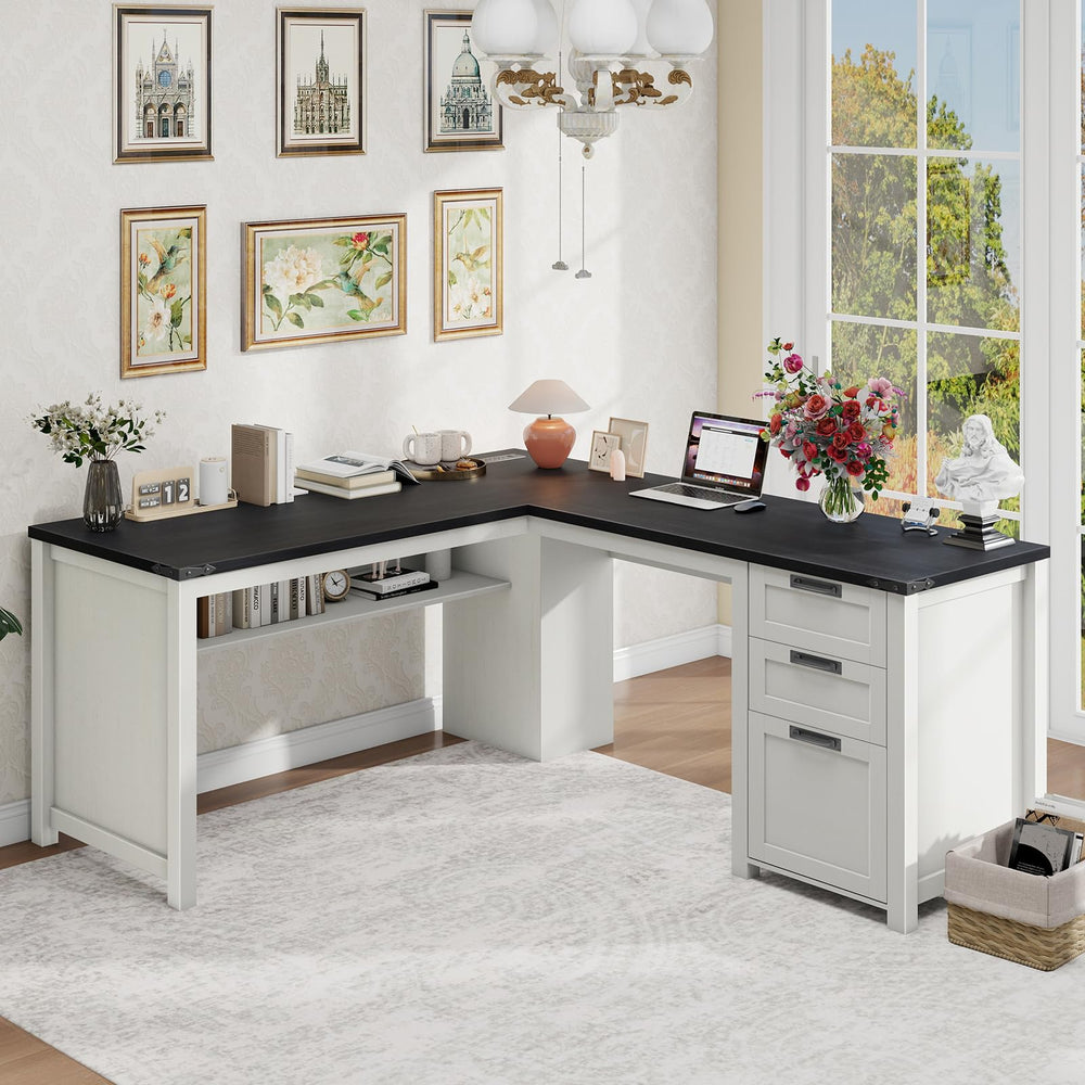 L-Shaped Executive Desk with Drawers, Power Outlets & Storage Shelf