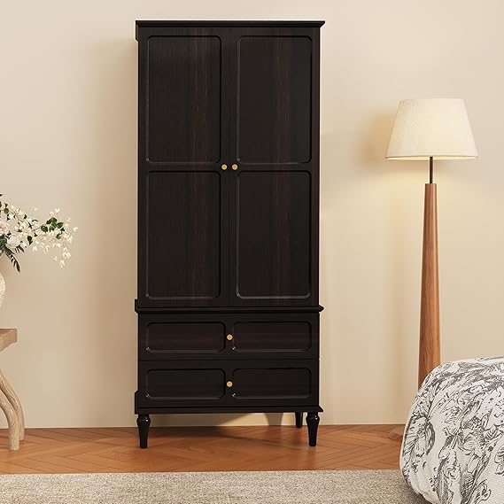 Mid-Century Modern Wardrobe Armoire with Doors, Drawers & Hanging Rod