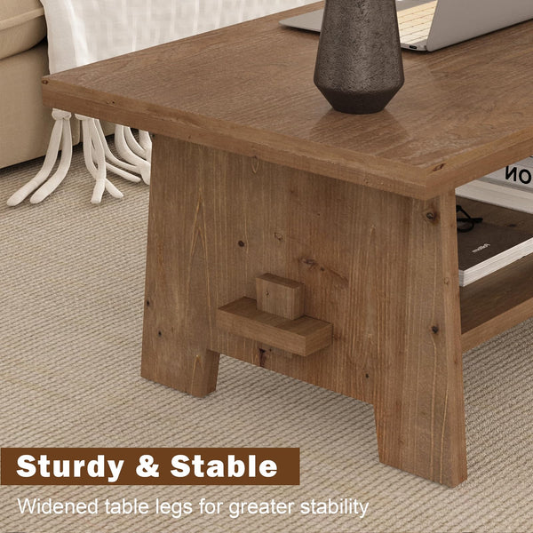 Farmhouse Wood Coffee Table with Storage Shelf