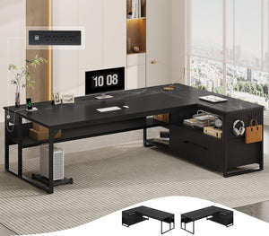 L-Shaped Executive Desk with Power Outlets, File Drawers & Storage