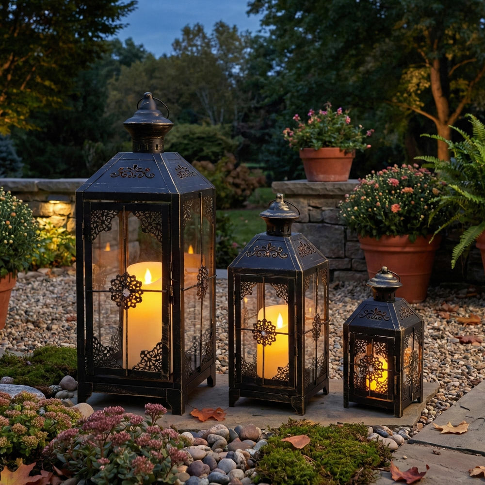 Set of 3 Vintage Metal Decorative Candle Lanterns with Tempered Glass